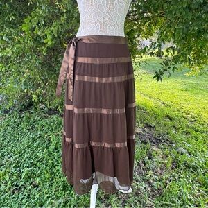 Vintage Victor Costa Occasion Brown Layered Ribbon Midi Chiffon Skirt Size Small